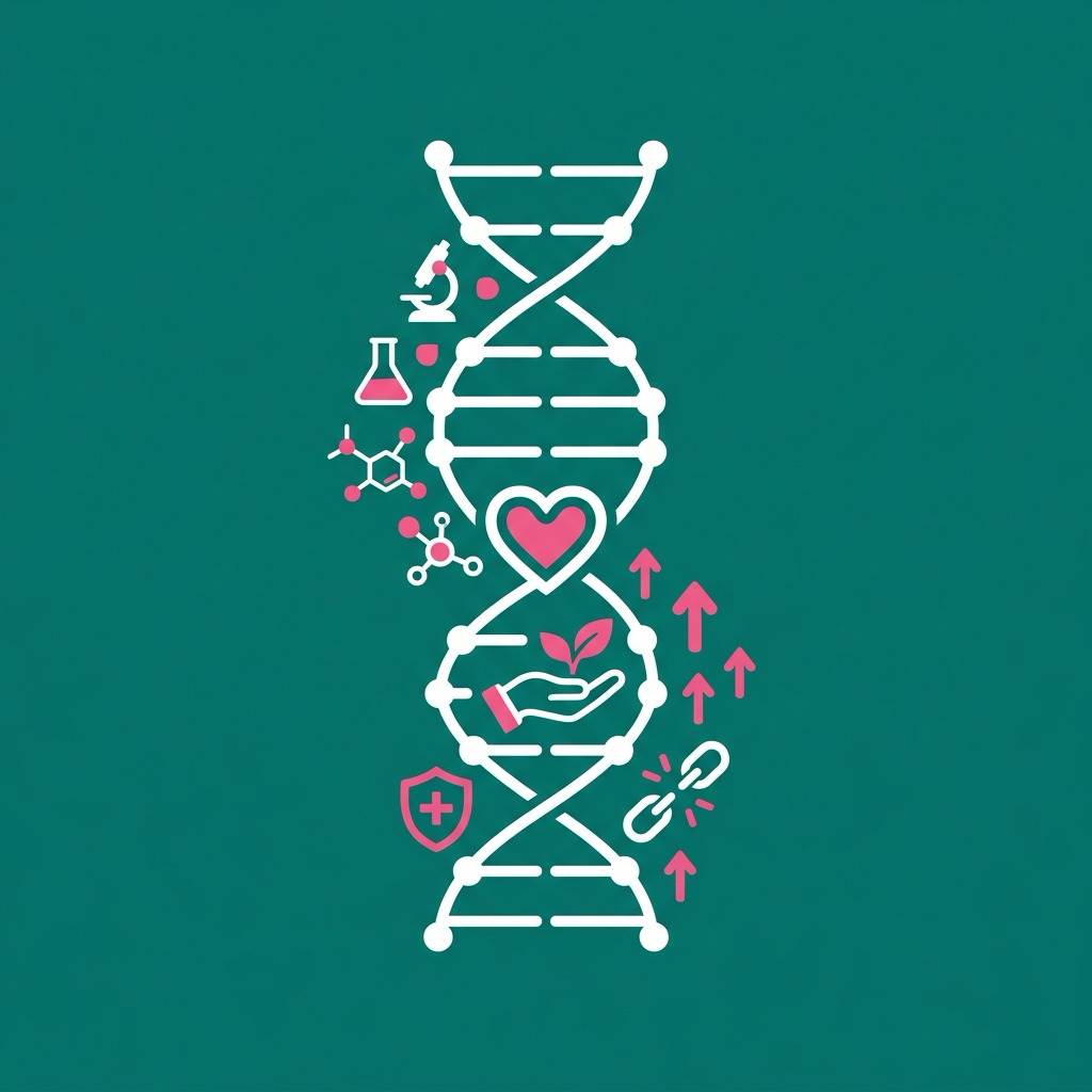 White DNA helix with recovery symbols on a teal background