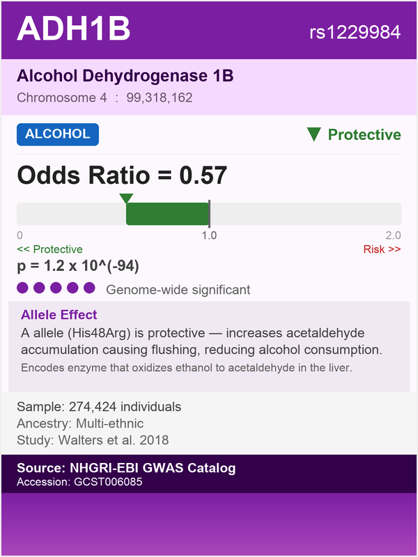 ADH1B gene - Alcohol Dehydrogenase 1B, protective against alcohol dependence (rs1229984, OR=0.57)